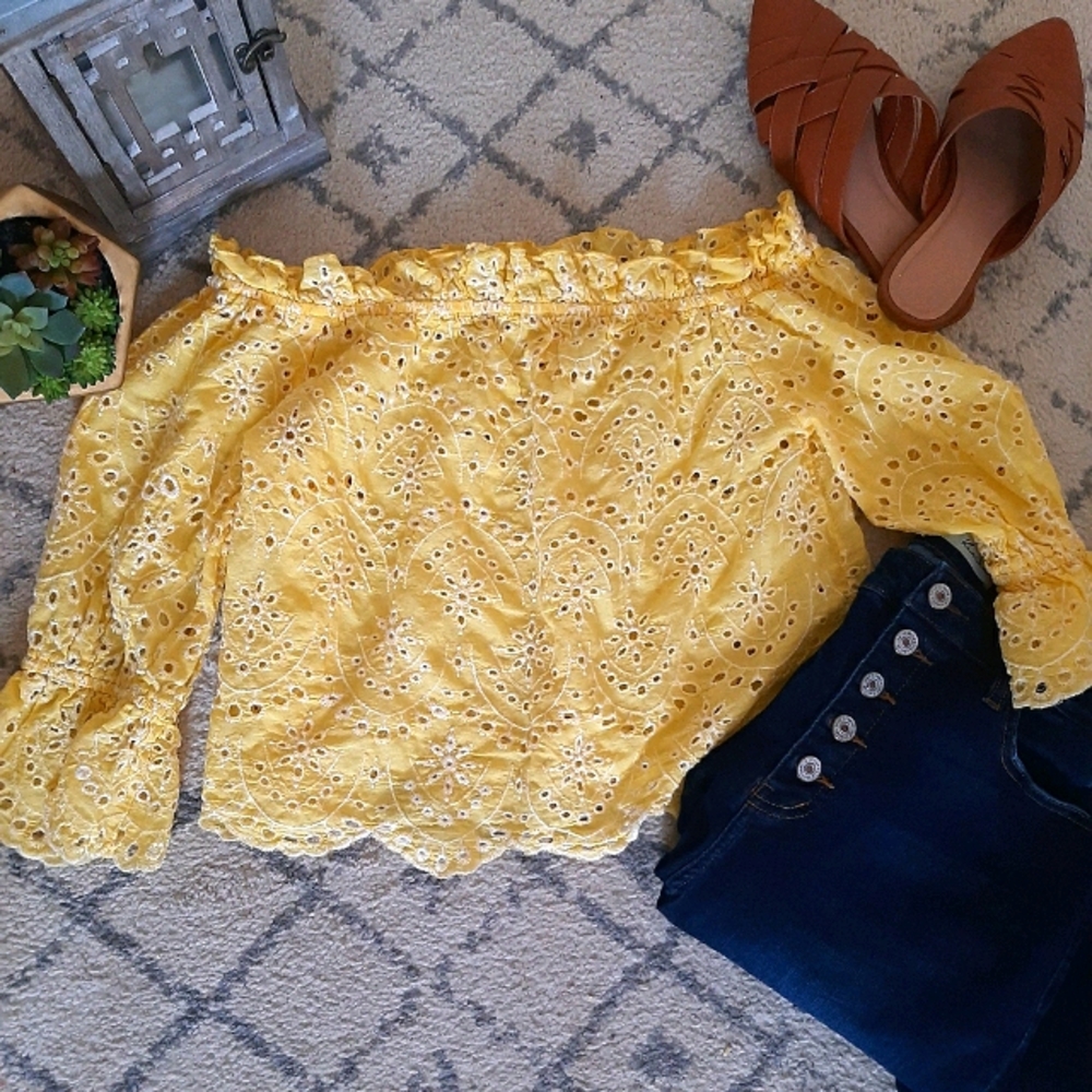 Off the Shoulder Cropped Bell Sleeve Lace Top